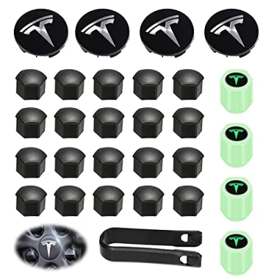 Bild av navkapsel set för Tesla: Tesla set, hjulcenter navkapslar i hjulmuttrar och mutterskydd med logotyp/ emblem, modifierande Model Y, 3, S X