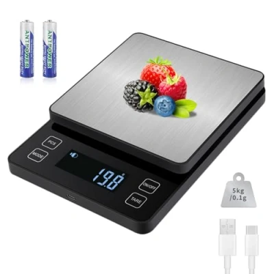 Bild av Howeifull Digital köksvåg 5 kg finvåg hög precision 0,1 g exakt, USB C laddning brevvåg med 10 enheter, räkningsfunktion, rostfritt stålvägningsplatta, svart