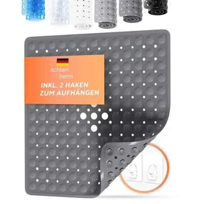 Bild av LICHTENHEIM Duschmatta, halkfri, känslig 53 x cm inkl. 2 krokar badkarsmatta halkfri matta, badkar, BPA fri badmatta, mögelresistent och tvättbar (antracit)