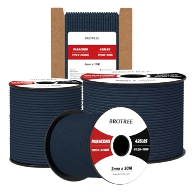 Bild av Brotree 3mm Paracord 425 100M 100% Nylonrep 3 Trådar Sladd Typ II för Utomhus, Hundkoppel, DIY, Hantverk 192kg Brottlast (Marinblå)