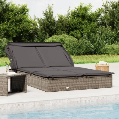 Bild av vidaXL Solsäng med hopfällbart tak grå 213x118x97 cm konstrotting, dagbädd, loungesäng, utomhussäng, schäslong, vilstol, trädgårdssäng