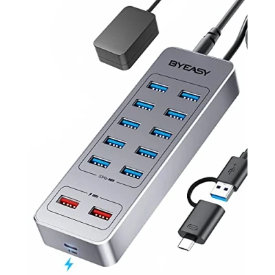 Bild av BYEASY USB C hub aktiv 3.0 med strömförsörjning, 13 i 1 Powered 10 x portar, 2 A laddningsportar, laddningsport, laddare 12 V3 adapter för bärbar dator,