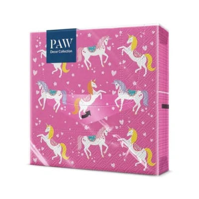 Bild av PAW servetter 3 lager (33 x 33 cm) I 20 stycken perfekt för fester, födelsedagar, fester barnkalas bordsdekoration färgglada pappersservetter med motiv enhörningar rosa enhörning blomma