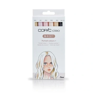 Bild av COPIC Ciao märkpenna 5 + 1 set &quot;porträttfärger&quot;, alkoholbaserade allround layoutmärkpennor med en medelbred och penselspets, inkl. multiliner 0,3 mm