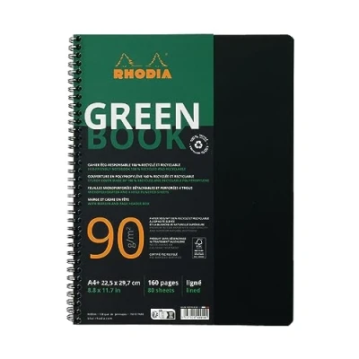Bild av Rhodia 119914C Rhodiactive Greenbook ligné 5/5 avec cadre en tête, A4+ reliure intégrale, 160 pages microperforées, perf.4 trous, papier recyclé 90g FSC®