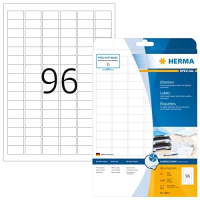 Bild av HERMA 8832 universella etiketter för bläckstråleskrivare A4 (30,5 x 16,9 mm, 25 ark, papper, matt) självhäftande, utskrivbara, permanenta adressetiketter, 2 400 klistermärken, vit