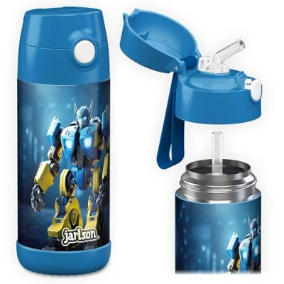 Bild av JARLSON® Vattenflaska för barn, rostfritt stål &quot;CHARLI&quot; med sugrör termosflaska 350 ml TÜV testad BPA fri läckagesäker skola, dagis robot,