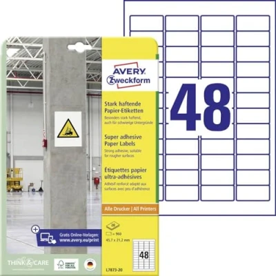 Bild av AVERY Zweckform L7873 20 starkt självhäftande etiketter (960 klistermärken, 45,7 x 21,2 mm på A4, extremt stark självhäftande, även för svåra ytor, tryckbara Power etiketter) ark, vit