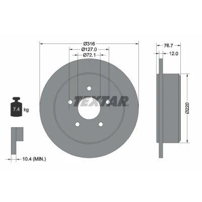Bild av TEXTAR 92227700 Disque de frein 316 12 05/05 127 plein sans boulon fix roue, moyeu roue JEEP: WRANGLER 3