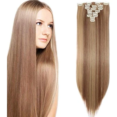 Bild av Clip in Hårförlängninga 8 PC hår Extensions Klämma i Hårförlängd Tressen slät 66 cm/26 tum Ljusbrun Och Askblond