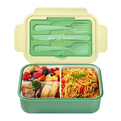 Bild av Diboniur Lunchlåda, matlåda med fack bestick barn vuxna 1 400 ml bentolåda arbete mikrovågsugnssäker skolkontor (grön)