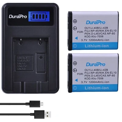 Bild av DuraPro 2 st 3,7 V 1 200 mAh EN EL10 Li 40B NP 45 batteri + LCD USB laddare för Olympus 42B Fujifilm Nikon D Li63 Li108 80 CNP80 KLIC 7006