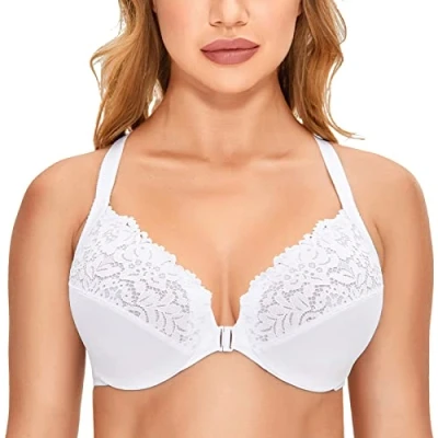 Bild av DELIMIRA Kvinnors Främre Stängning Plus Size Full Täckning Spets Bygel Racerback Bh Vit 80G