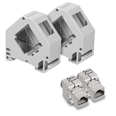 Bild av kwmobile keystone modul uttag 2 x CAT6A skärmad Jack RJ45 Cat 6A Ethernet 10 Gbit med skärmat metallhölje och DIN skena hållare