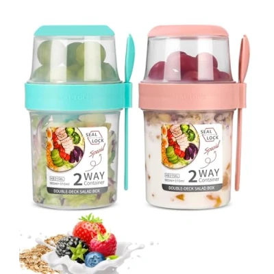 Bild av 2 stycken müslimuggar to go, yoghurtkoppar för resor med sked, yoghurt att gå kopp, dubbla lager läckagesäker yoghurtbägare, salladsmugg, müsli go mugg arbete, skola, (310 ml 560 ml)
