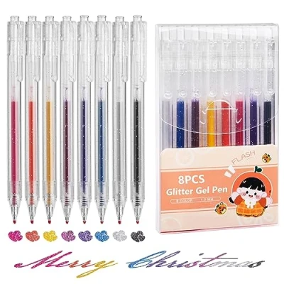 Bild av EooUooIP Glittergelpennor, 8 stycken gelbläckpennor, metalliska gelpennor med snabbtorkande bläck 1,0 mm infällbar gelpenna set, för journalföring färgteckning, klottring, kontorsskola
