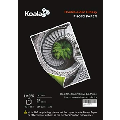 Bild av KOALA Dubbelsidig glansigt laserfotopapper A3, 250 gsm, 100 ark. Lämplig för laserskrivare, utskrift av foton, broschyrer, omslag, certifikat, flygblad, kort, kalendrar
