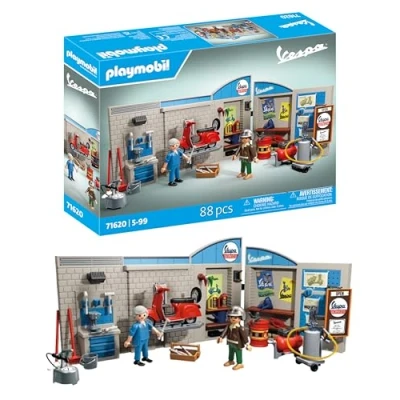 Bild av Playmobil 71620 Vespa garage 60s innehåller två figurer, en Vespa, 2 delad garagevägg, mobil lyftplattform och tillbehör från 5 år