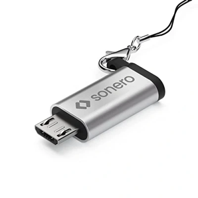 Bild av Sonero Micro USB till C adapter, kompatibel med Apple enheter, OTG stöd, perfekt för elcyklar, inklusive slang/karbinhake, aluminiumhölje, silver