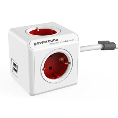 Bild av allocacoc PowerCube DuoUSB Extended röd EU, 4 vägs grenuttag med 2,1 A USB laddningsström, vit
