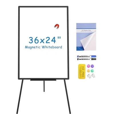 Bild av VIZ PRO Magnetisk whiteboard staffli svart, 90 x 60 cm, bärbar torr radering bräda justerbar höjd för skola kontor och hem