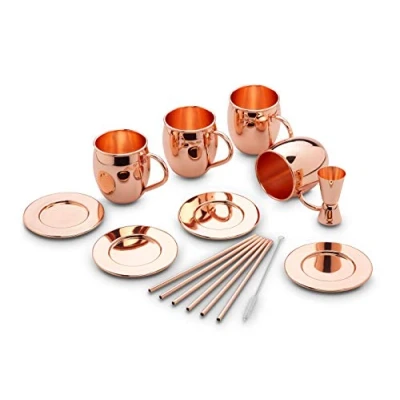 Bild av ECHTWERK Moscow Mule kopparmuggar, set om 13, tillverkad av rostfritt stål, bestående 4 x kopparmuggar 500 ml, underlägg, sugrör och 1 mätkopp 2cl/4cl, EW MM 1714G, koppar