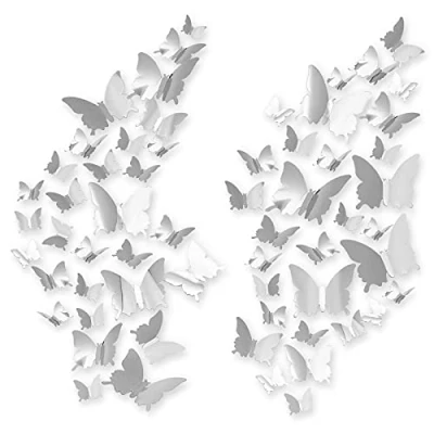 Bild av 60 st fjärilar 3D, CAYUDEN silver 3D spegel väggklistermärken gör det själv väggdekoration klistermärken att klistra för festdekoration, bröllop, kakor,
