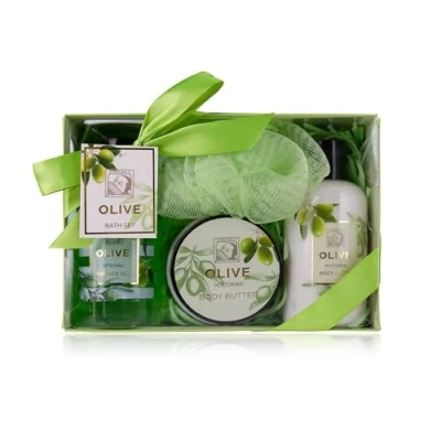 Bild av Accentra duschset kvinnor presentset OLIVE i en vacker presentförpackning 4 delat vårdset med duschgel, bodylotion, body butter och nätsvamp wellness för födelsedag