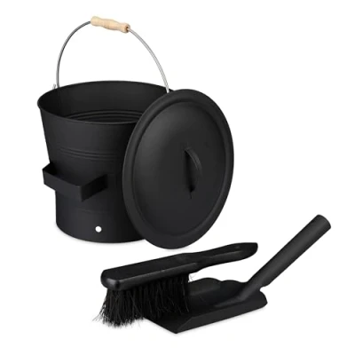 Bild av Relaxdays Askhink med lock och sopset, 7,5 l, inkl. askkvast eldstadspad, askbehållare handtag, svart