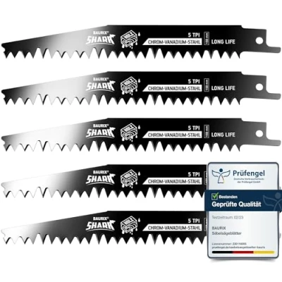Bild av BAURIX® Sticksågblad trä I SHARK® [5 st] 150 mm, 5 TPI för snabba och rena snitt grovt trä, vått ved, levande