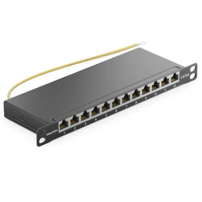 Bild av deleyCON CAT 6a 0,5U Patch Panel Mini Distributionspanel 12 Port Stationär 10 Tums Rackmonterad Servermontering RJ45 Skärmad TIA568A TIA568B RAL 9005 Svart