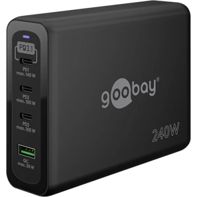 Bild av goobay 240 W ultrasnabb USB C kompakt laddare, GAN multiport snabbladdare, laddningsstation för 4 enheter, kompatibel med iPhone, Samsung, bärbara datorer, surfplattor osv/65885
