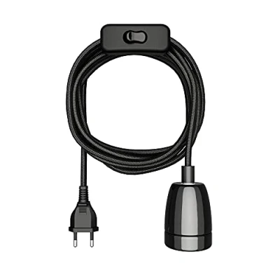 Bild av ledscom.de Textilkabel LEHA II, stickpropp, strömbrytare, svart, 3 m, porslinssockel, 1x E27 max. 300W, Led, Diy, lampsockel, E27, textilkabel, hängande lampa, nätkontakt, glödlampa