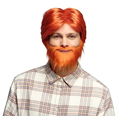 Bild av Boland 85736 Vuxen peruk dude, orange, kort syntetiskt hår med skägg, frisyr, tillbehör, huvudbonad, kostym, karneval, temafest