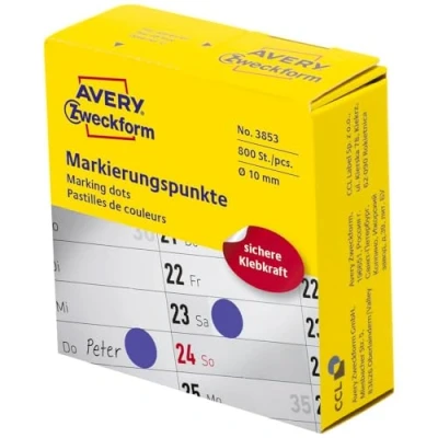 Bild av AVERY Zweckform 3853 självhäftande markeringspunkter (ø 10 mm, 800 prickar på rulle i dispenser, runda klistermärken för kalender, planerare och pyssel) blå, 3 stycken