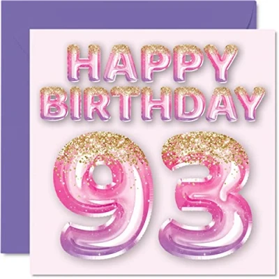 Bild av 93:e födelsedagskort för kvinnor rosa och lila glitterballonger grattis på 93 årig kvinna mamma stor barnflicka mormor farmor, 145 mm x nittiotre niotredje gratulationskort present