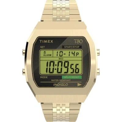 Bild av Timex Unisex T80 36 mm klocka Guldfärgat band i rostfritt stål, digital urtavla, guldfärgad boett TW2V74300