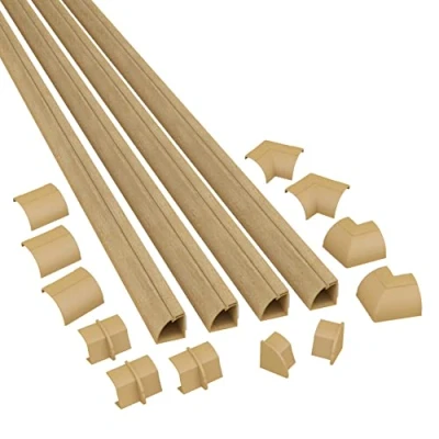 Bild av D Line 4 meter fjärdedel rund kabeltrunking kit, hörnkabelskydd, självhäftande golvtrim med kabelkanal x 22 mm (B) (H) 1 längder och 12 tillbehör fläckbar träeffekt