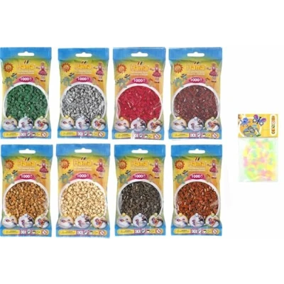 Bild av Hama Happy Price Toys Midi strykpärlor (Kon 15) i paket med 8 färger (grön, brun, grå, rödbrun, ljusbrun, beige, violettröd, mullbär) + strykinstruktioner 3 designmallar
