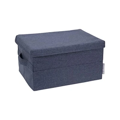 Bild av Bigso Box of Sweden Medelstor förvaringslåda med lock och handtag skåplåda av polyester kartong i linneutseende vikbar låda för kläder, sängkläder, leksaker etc. blå