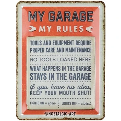 Bild av Nostalgic Art Plåtskylt i retrostil, 15 x 20 cm, My Garage, Rules Presentidé för hantverkare, av metall, vintagedesign med ordspråk