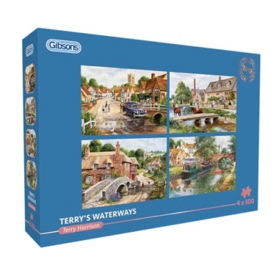 Bild av Gibsons Terry&#039;s Waterways 4 x 500 bitar pussel flerbox uppsättning av nostalgiska traditionella hållbart för vuxna tonåringar premium 100 % återvunnen bräda bra gåva spel