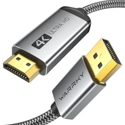 Bild av WARRKY 4K Displayport till HDMI kabel, port, [1440P @60Hz, 1080p @120Hz] nylonflätad icke spärr uni Direction DP ledning, kompatibel med Lenovo, Dell, HP, Asus och mer 1,8 m