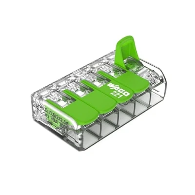 Bild av WAGO Green Range klämma 5 ledare, upp till 4 mm², anslutningsklämmor polig med spak för alla typer av 221423, 25 stycken