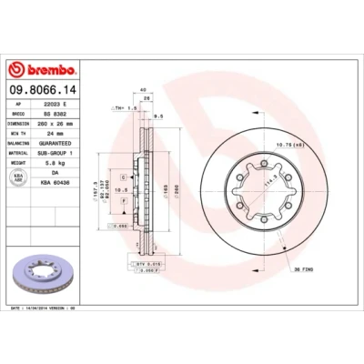 Bild av BREMBO 09.8066.14 Disque de frein 260 26 6 ventilé l&#039;intérieur NISSAN: Pick up, NP300 Navara up