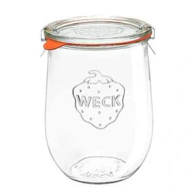 Bild av Weck 6 konserveringsburkar/glasburkar, tulpanform, 1,0 liter RR100 med urval tillbehör i originalförpackningen (med glaslock)
