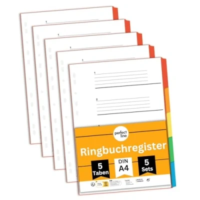 Bild av perfect line 5 pack A4 register i färg med fem flikar (5x5), 22,3 x 29,7 cm, försättsblad, kartong färger, 160 g, perfekta separationsblad för att organisera pärmarna på kontoret