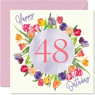 Bild av Vackra 48 års födelsedagskort för kvinnor akvarell tulpaner blommor bukett grattis på henne mamma moster syster vän födelsedagspresenter, 145 mm x härliga blommiga gratulationskort present