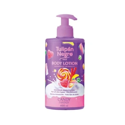 Bild av Svart tulpan kroppslotion med Candy Fantasy dispenserare, maximal hydrering 400 ml, intensivt doftande och för alla hudtyper