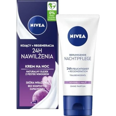 Bild av NIVEA Lugnande nattvård 24h fukt regenerering, parfymfri ansiktskräm för känslig hud, delikat nattkräm med druvkärneolja